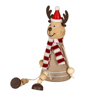 Plain front-on view of the wooden reindeer with a conical body and beaded dangling legs.