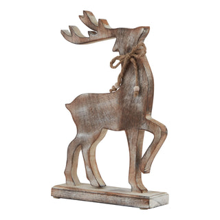 Distressed wooden reindeer ornament with brown finish, standing on a rectangular base, tied with twine around the neck.