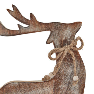 Detailed profile of the wooden reindeer head and neck, highlighting the twine bow and decorative wooden beads.