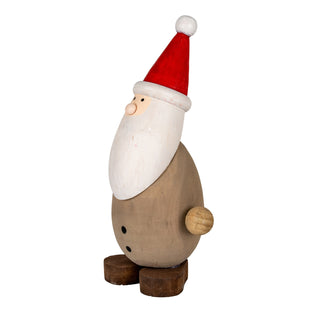 Three-quarter view of the wooden Santa figure, showing the painted red hat, white beard, and beige body.