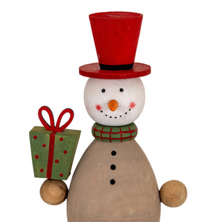 Tight crop showing the snowman's painted features, red hat, and the green gift box detail.