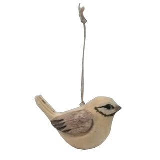 Small wooden bird decoration, pale beige with brown wing details, hanging on a string against a white background.