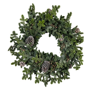 Woodland pine garland arranged into a circular wreath shape, featuring pinecones and small lights.