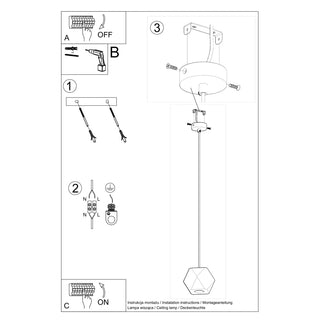 Black and white technical diagram showing steps for installing the pendant light, including wiring.