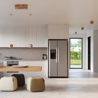 Two wood pendants over a kitchen counter, with a triple cluster light and single flush mounts nearby.